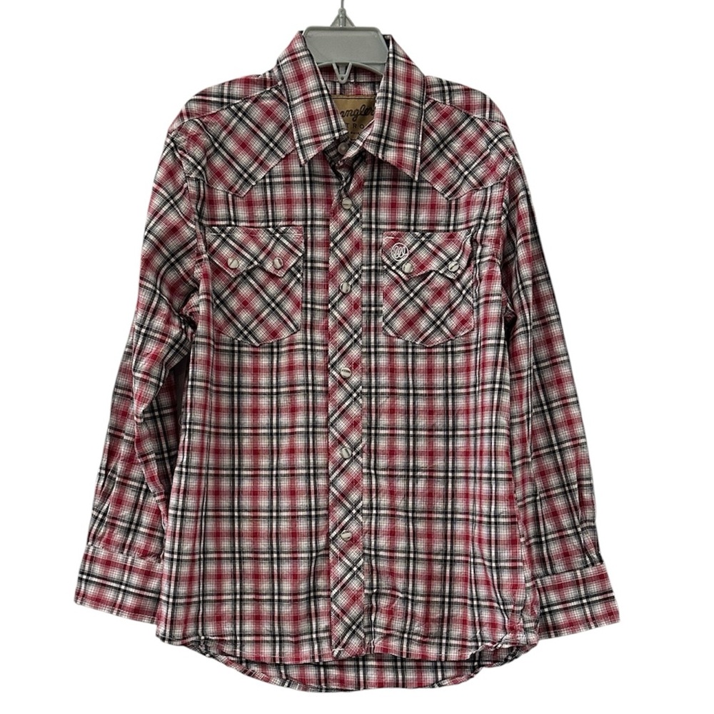 Wrangler Retro Boy's Snap Shirt Long Sleeve Red Plaid Medium 7/8 Pearl Snaps